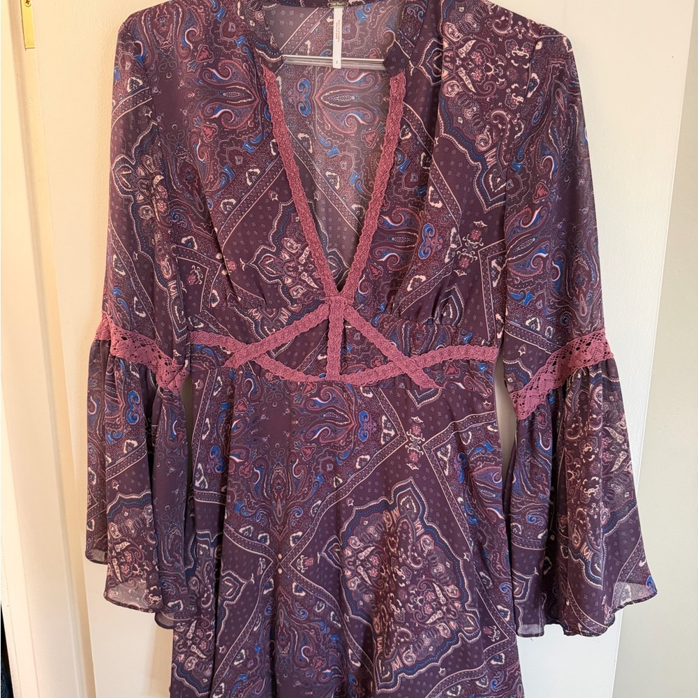 Free People Purple Paisley V-Neck Tunic with Lace Trim